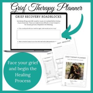 a sad couple comforting one another with text Grief Therapy Planner for the Hurting Heart